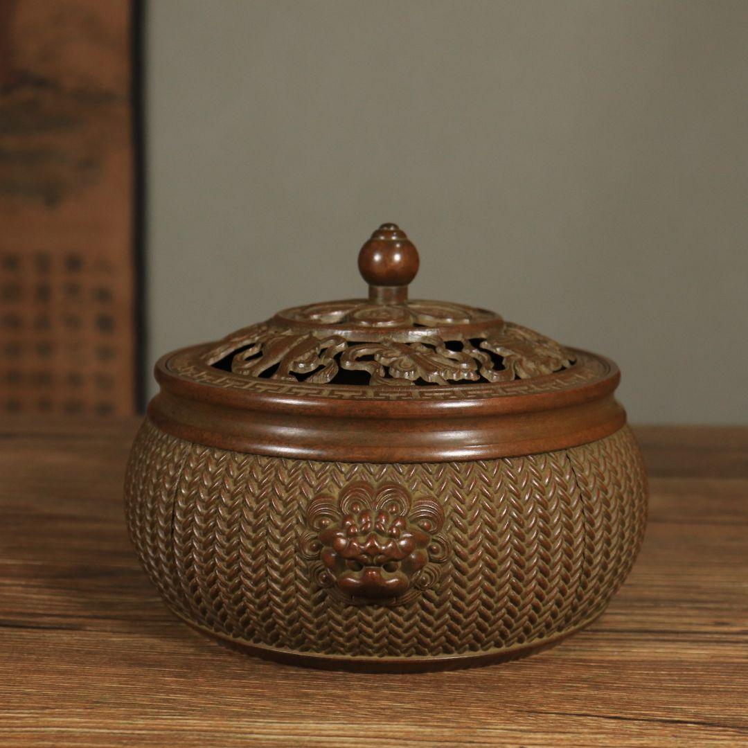 銅製 香炉 双獅耳竹編み模様蓋薫香炉 檀香炉 香道具 装飾品 工芸品 置物