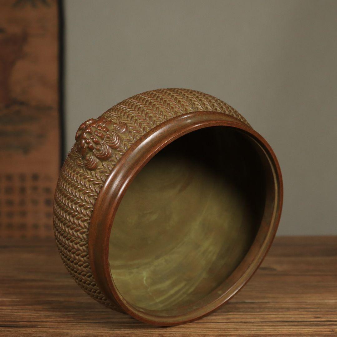銅製 香炉 双獅耳竹編み模様蓋薫香炉 檀香炉 香道具 装飾品 工芸品 置物