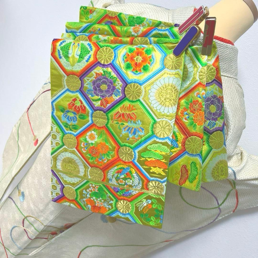 381 振袖フルセット 正絹 黄緑 グリーン 絞り 総刺繍 駒刺繍 レトロ