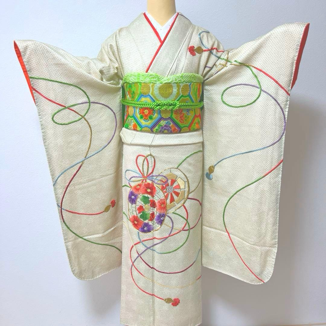 381 振袖フルセット 正絹 黄緑 グリーン 絞り 総刺繍 駒刺繍 レトロ