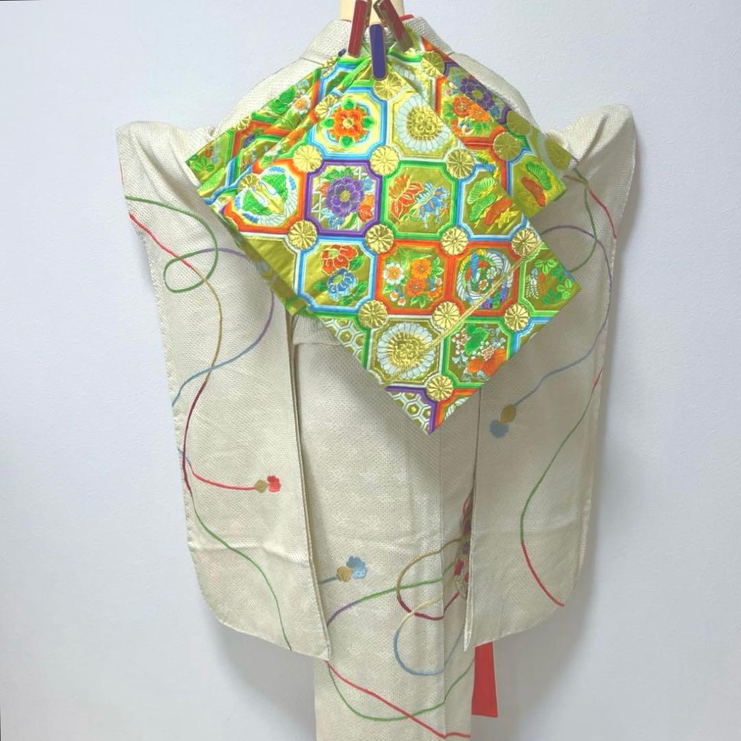 381 振袖フルセット 正絹 黄緑 グリーン 絞り 総刺繍 駒刺繍 レトロ