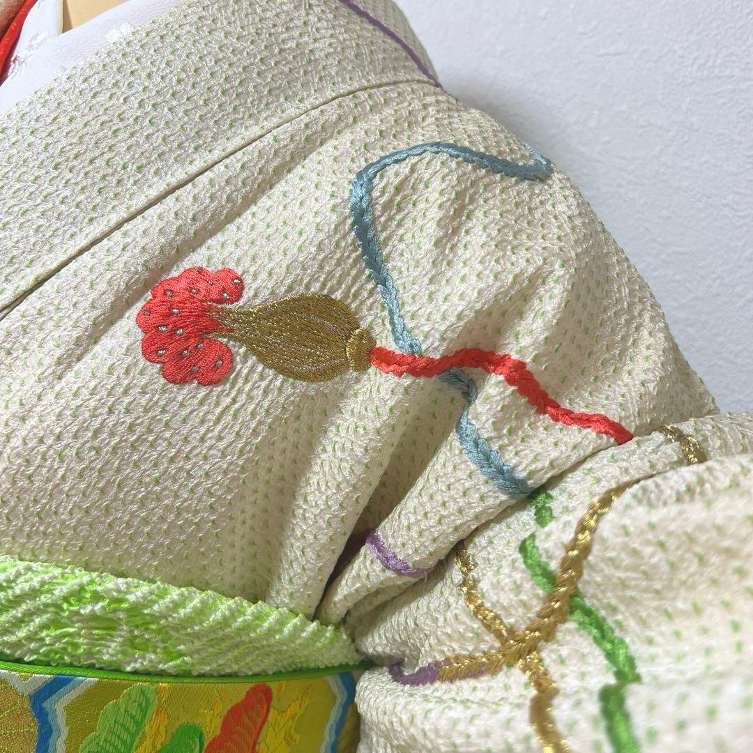 381 振袖フルセット 正絹 黄緑 グリーン 絞り 総刺繍 駒刺繍 レトロ