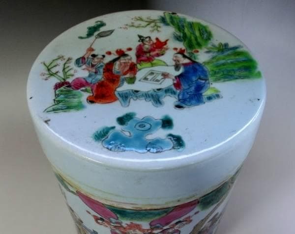 蓋物■中国陶磁器人物色絵合子 茶入 桃松 唐人 蓋鉢 丸筒鉢 入物 古玩 骨董■