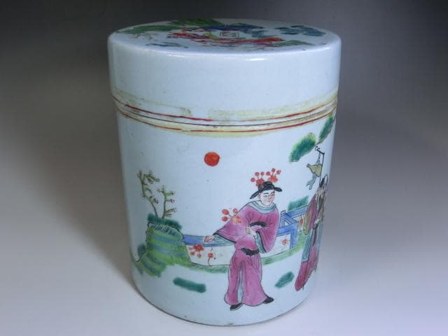 蓋物■中国陶磁器人物色絵合子 茶入 桃松 唐人 蓋鉢 丸筒鉢 入物 古玩 骨董■