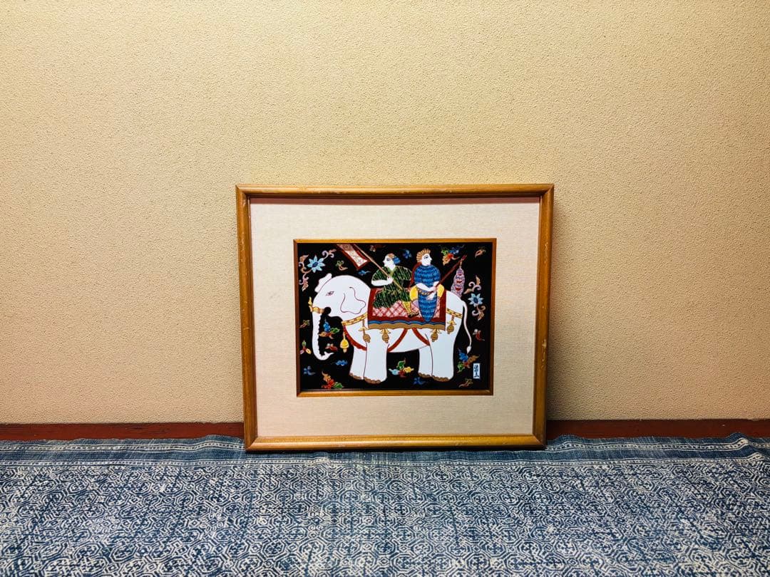 源右衛門窯　染錦更紗手象人物絵　陶額