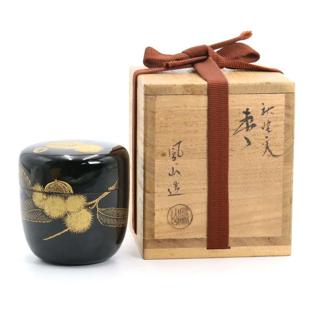 鳳山作 栗沈金 棗 茶道具 共箱共布　C813　N1