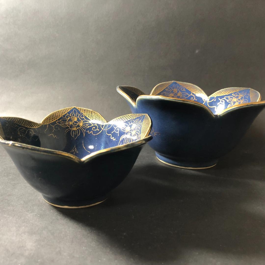 古伊万里　瑠璃に金彩　桔梗形　鉢　大小セット　古伊万里　骨董　和食器