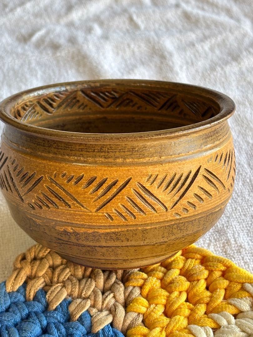 京焼　茶道具　彫三島建水　アンティーク置物