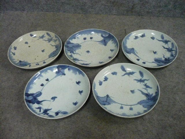 古伊万里 小鳥図 染付 中皿 5枚 [B31456]
