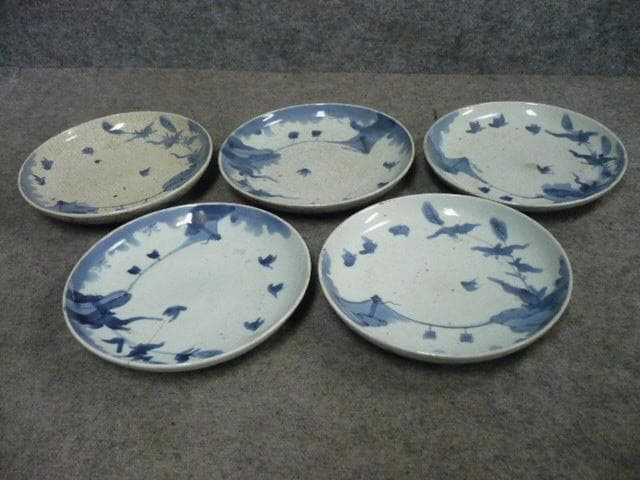 古伊万里 小鳥図 染付 中皿 5枚 [B31456]
