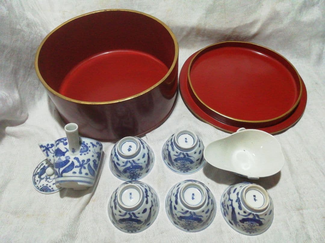 ♪時代九谷染付 煎茶揃い　朱漆茶櫃共