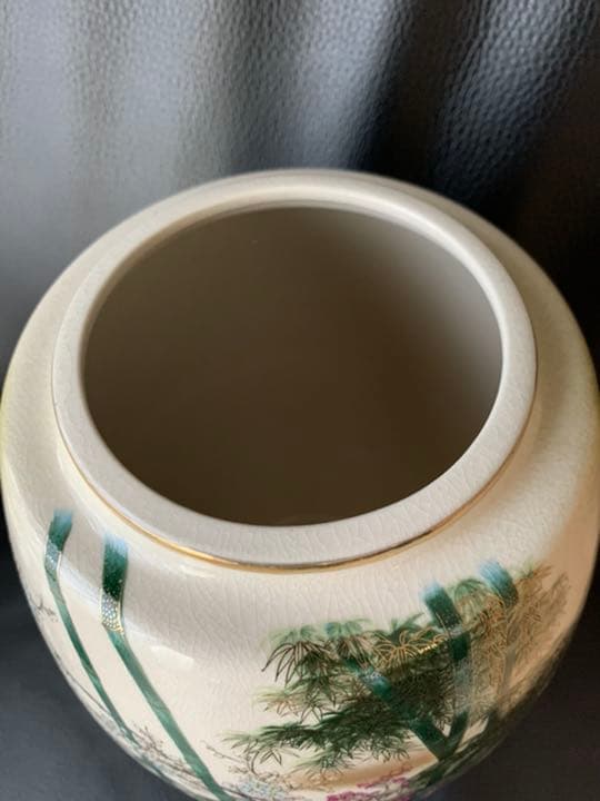 未使用‼️九谷焼　花瓶　竹雀　金彩　九谷窯元陶寿製　8号　美術品