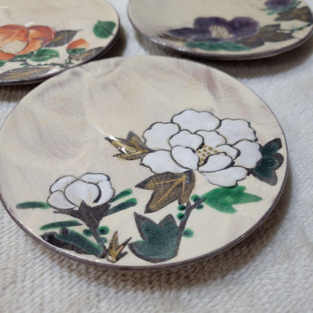昭和初期 京焼 嘉曹窯 色絵金彩 小皿5枚セット 銘々皿 椿 梅 花文様