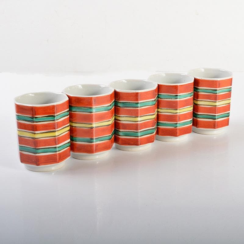 幸兵衛窯　色絵　筋文　八角　湯呑　5客　共箱　N　5991