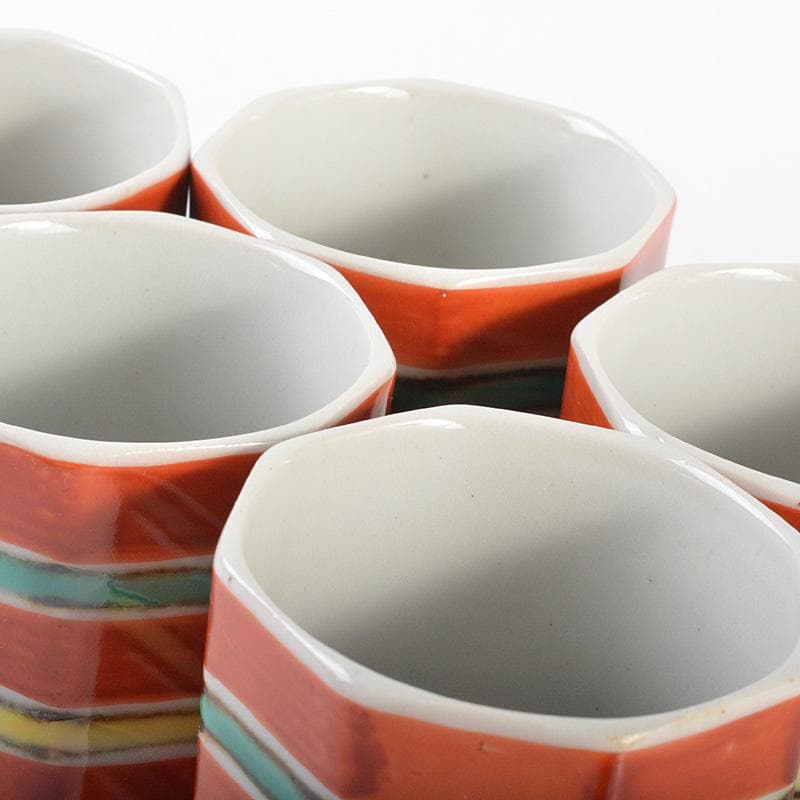 幸兵衛窯　色絵　筋文　八角　湯呑　5客　共箱　N　5991