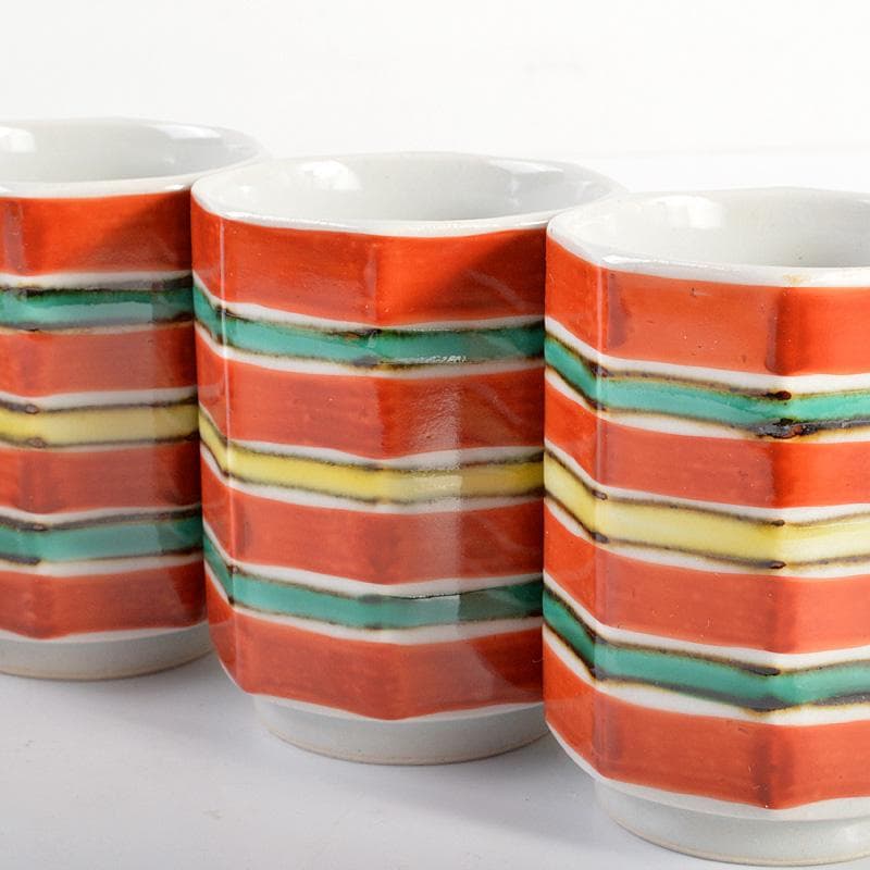 幸兵衛窯　色絵　筋文　八角　湯呑　5客　共箱　N　5991