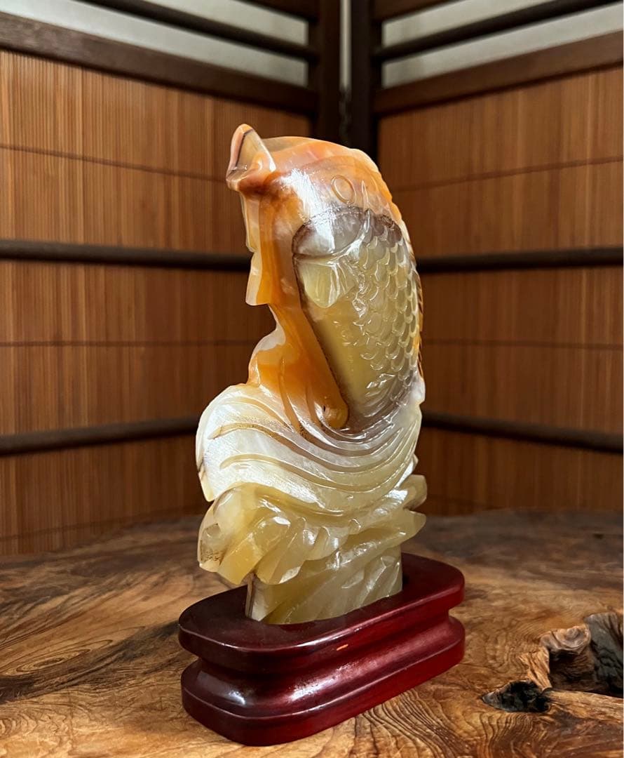 中国美術 時代 瑠璃 玉 昇鯉 台座付き