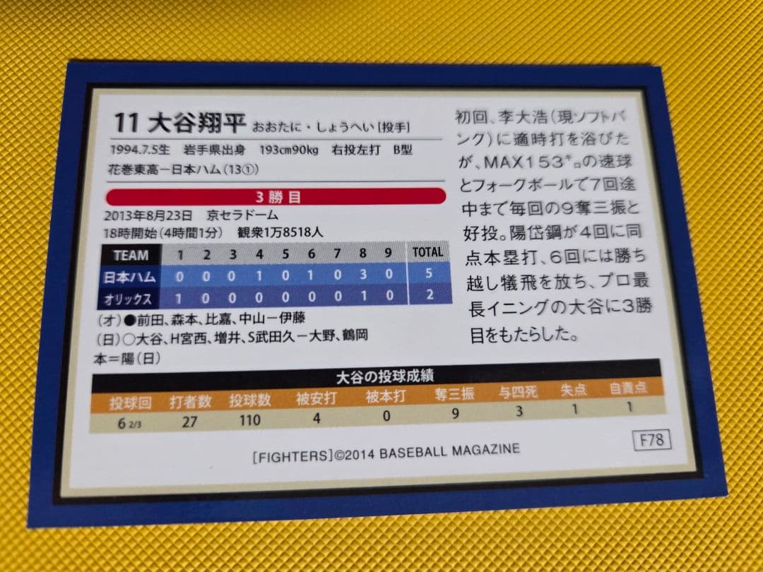 BBM2014 日本ハム 大谷翔平 1st~3WIN 1st~3HR 6枚セット