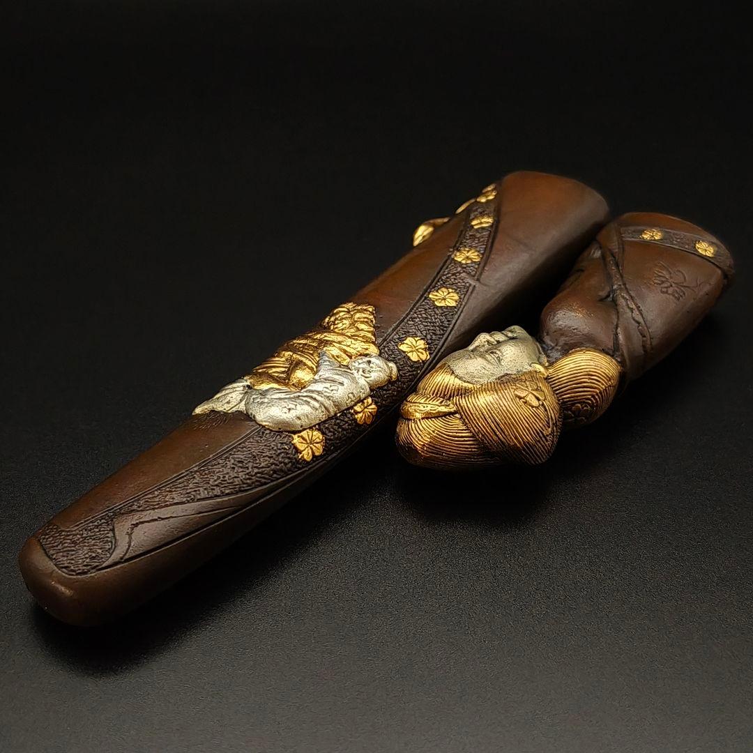 年末セール　銅製刀装具　短刀拵　柄鞘一式　遊女の図　絵金銀　金工品　細工　刀装具