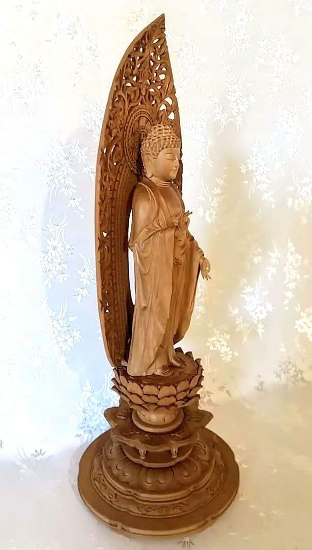 阿弥陀如来立像 4.5寸#570+#576 像は◆白檀 木彫 仏像