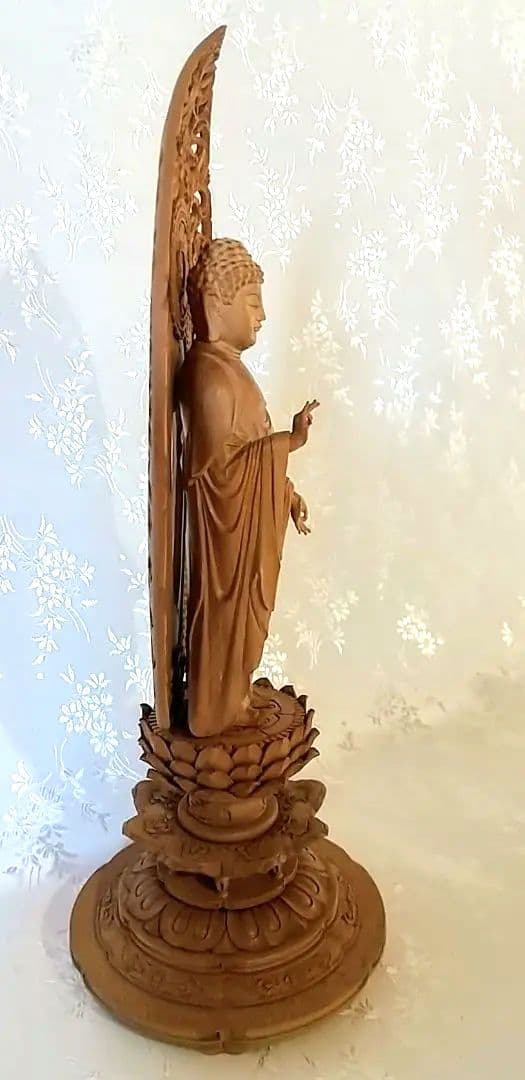 阿弥陀如来立像 4.5寸#570+#576 像は◆白檀 木彫 仏像