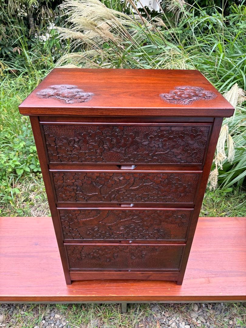 大坂屋家具店　軽井沢彫　4段チェスト　桜彫刻　伝統工芸　小箪笥