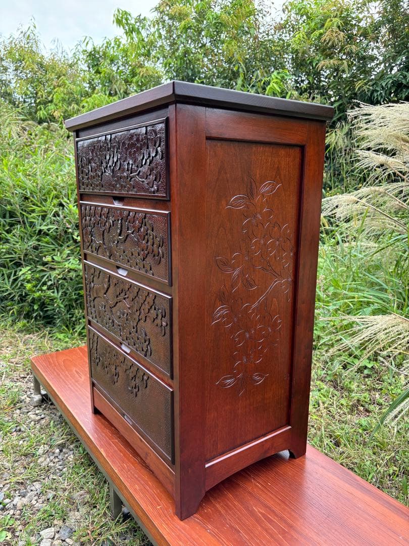 大坂屋家具店　軽井沢彫　4段チェスト　桜彫刻　伝統工芸　小箪笥