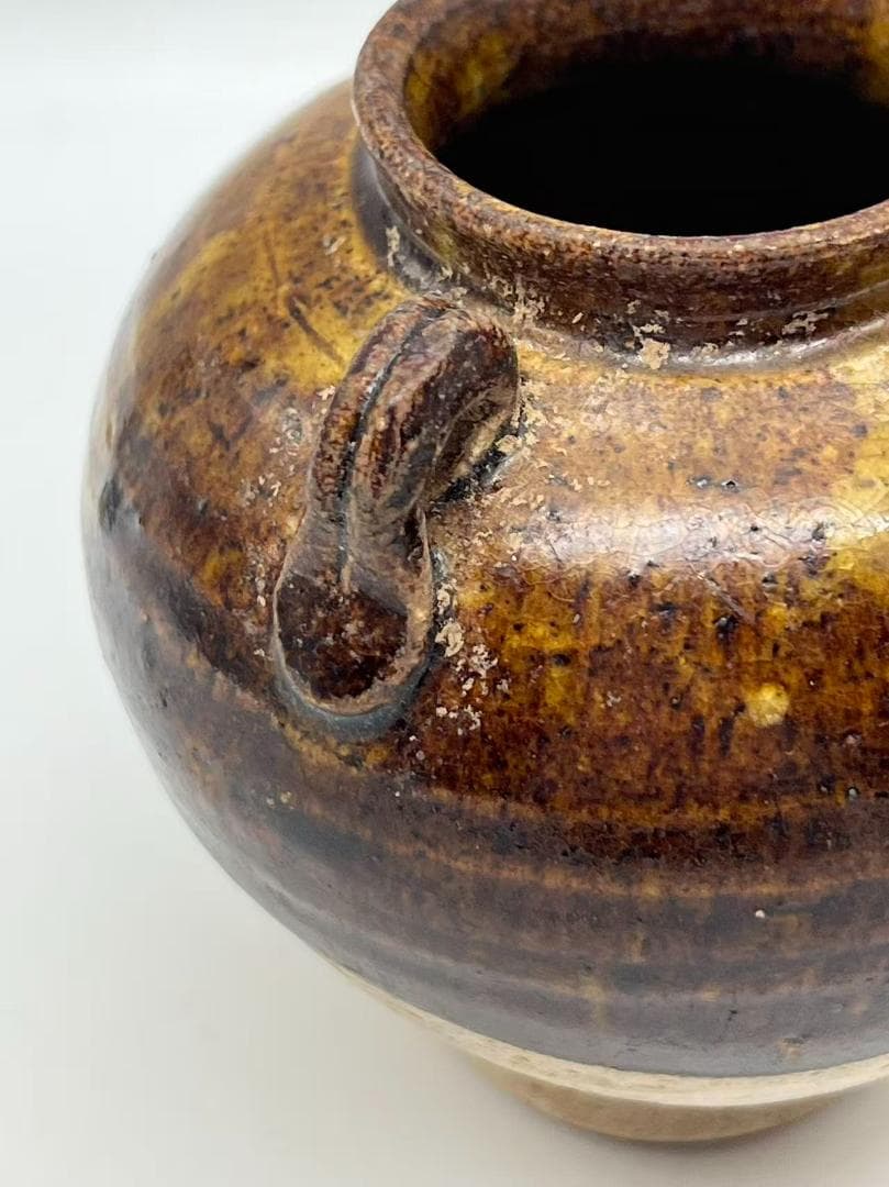 金から元時代　褐釉双耳小壺 茶入　茶道具　水指 酒器 時代物(F-121)