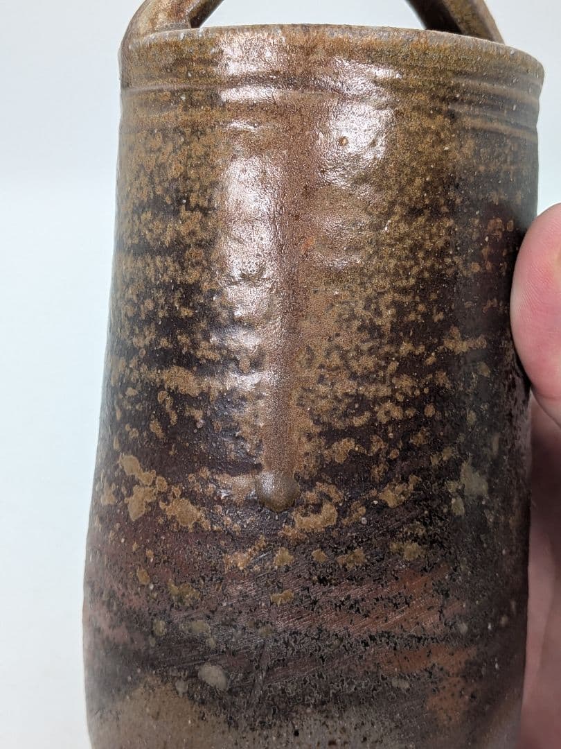 岡山県重要無形文化財 伊勢崎満 備前焼 手付花入 共箱共布栞 花器 花瓶 花生