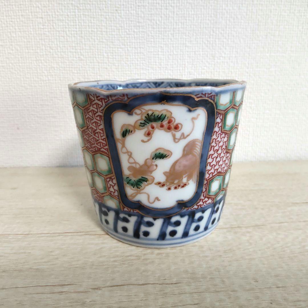 お値下げしました、古伊万里　色絵　窓抜　葡萄に栗鼠　亀甲文　そば猪口