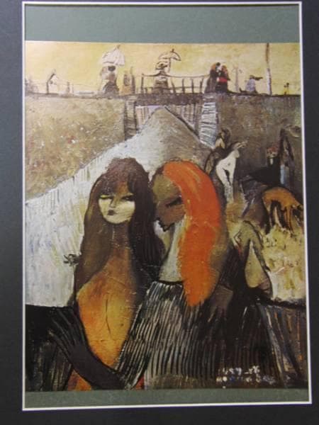 織田廣喜、小川のほとりの女達、希少な額装用画集より、新品高級額装付