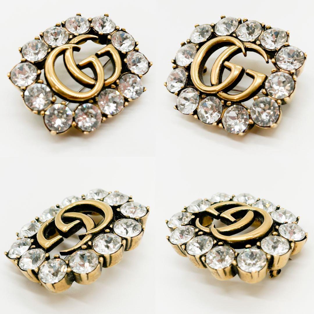 GUCCI　グッチ　ブローチ　ダブルG　クリスタル　ラインストーン　メタル　GG