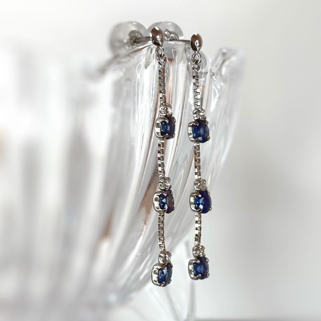 天然ブルーサファイア ダイヤモンド ロングピアス 計0.74ct PT900