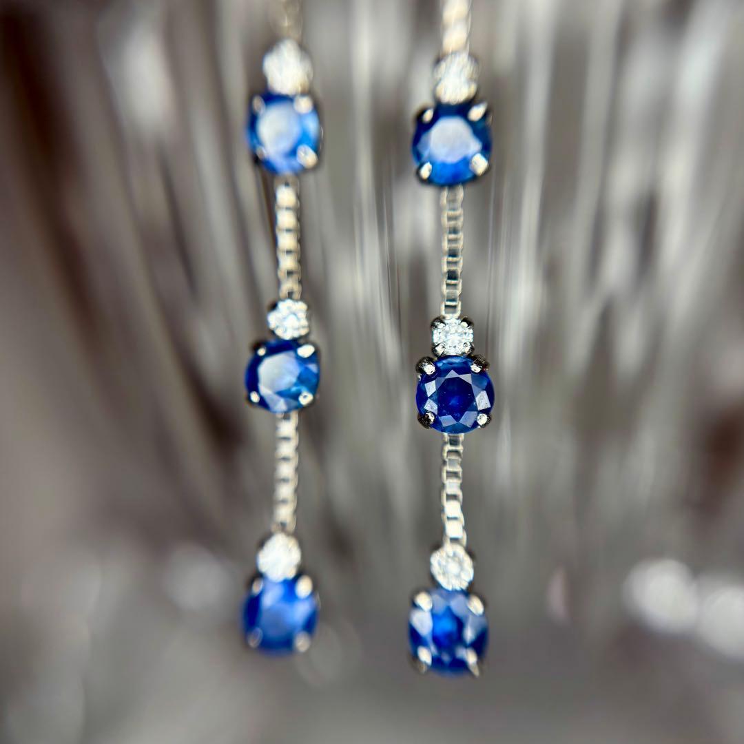 天然ブルーサファイア ダイヤモンド ロングピアス 計0.74ct PT900