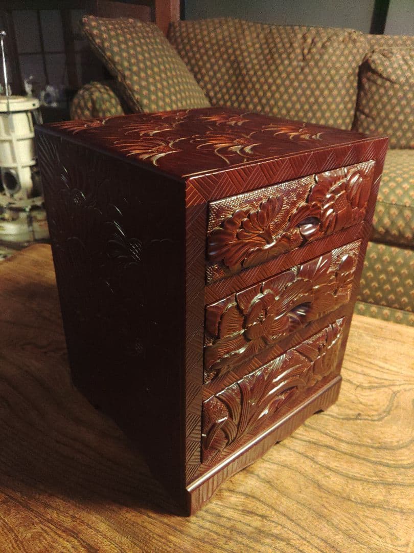 未使用　日光彫　軽井沢彫　小箪笥　引き出し　3段　伝統工芸　希少　デッドストック