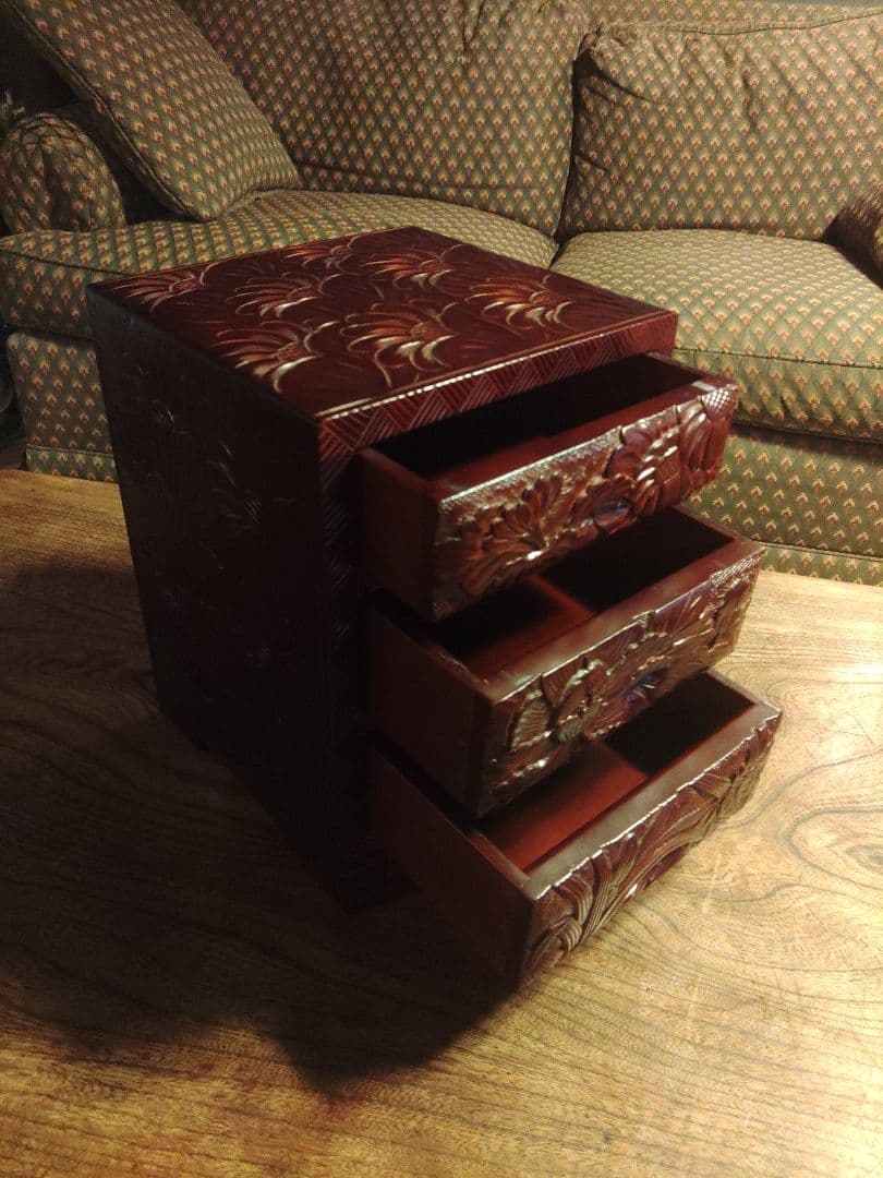 未使用　日光彫　軽井沢彫　小箪笥　引き出し　3段　伝統工芸　希少　デッドストック