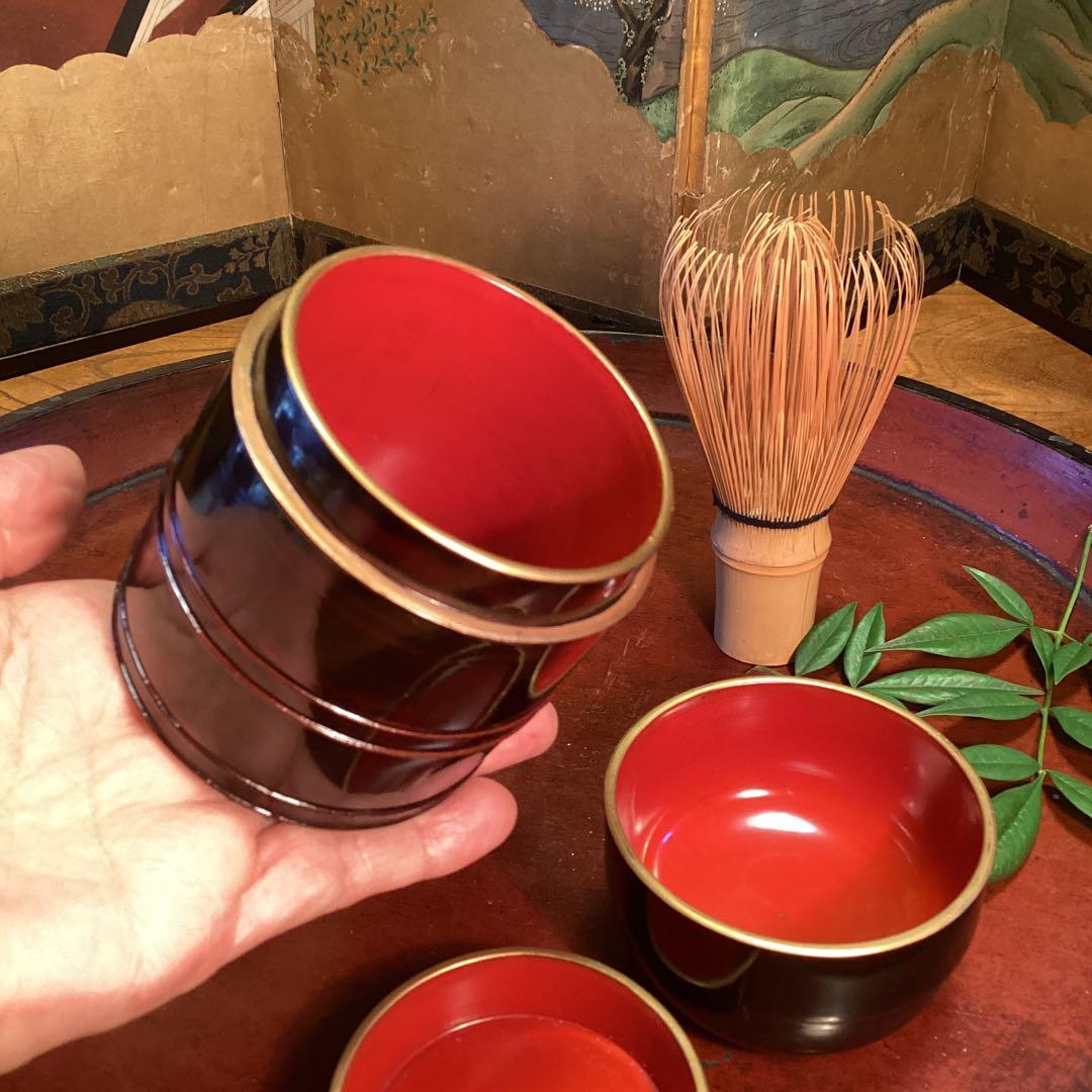 A1025 木製漆器　溜塗　　時代　化粧道具　菓子器　小物入（大、小）セット