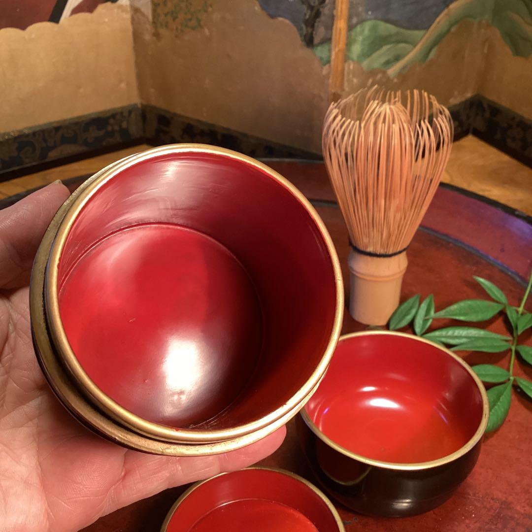 A1025 木製漆器　溜塗　　時代　化粧道具　菓子器　小物入（大、小）セット