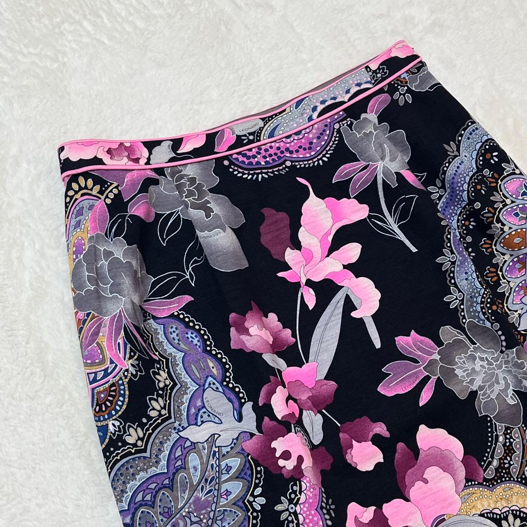 レオナール スカート ウールシルク 花柄 ペイズリー ひざ丈 76 黒ピンク