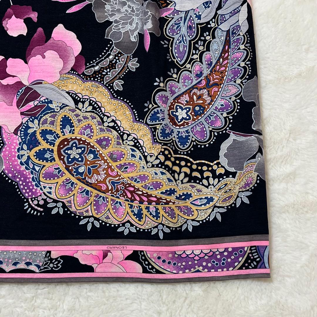 レオナール スカート ウールシルク 花柄 ペイズリー ひざ丈 76 黒ピンク