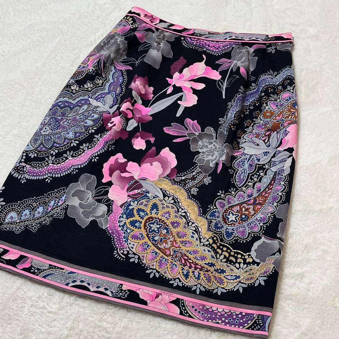 レオナール スカート ウールシルク 花柄 ペイズリー ひざ丈 76 黒ピンク