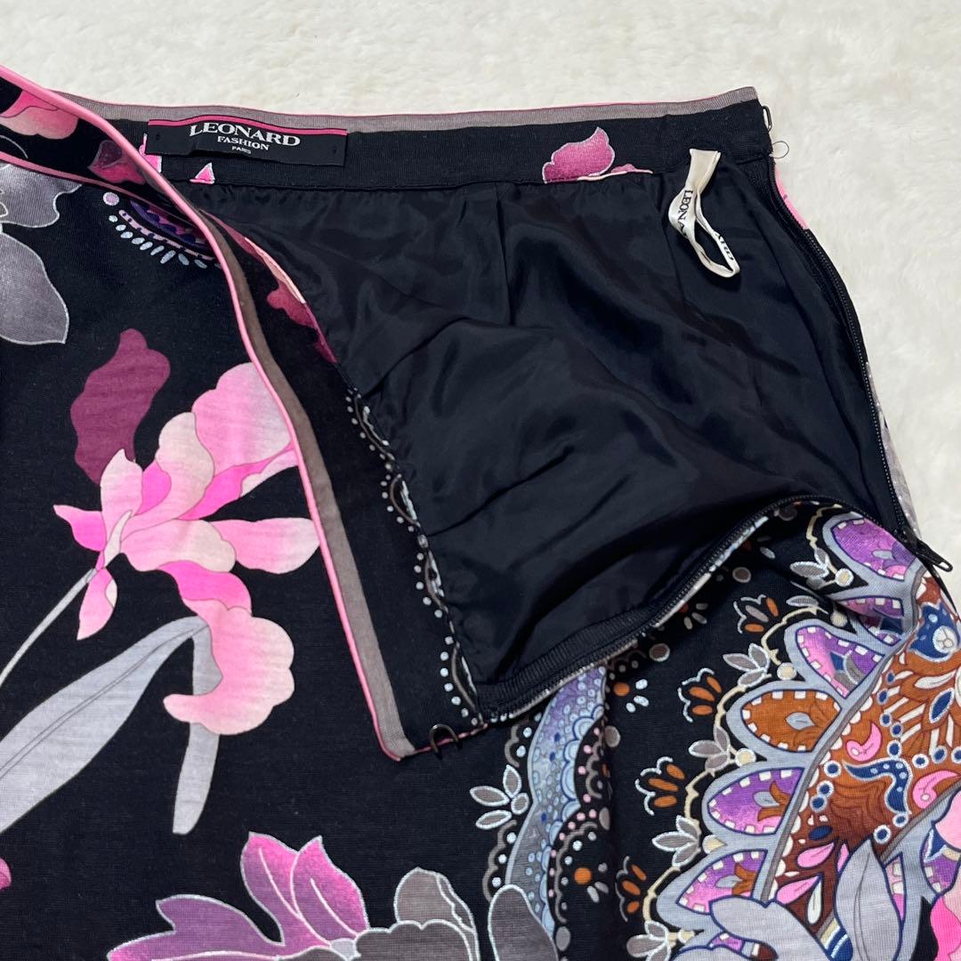 レオナール スカート ウールシルク 花柄 ペイズリー ひざ丈 76 黒ピンク