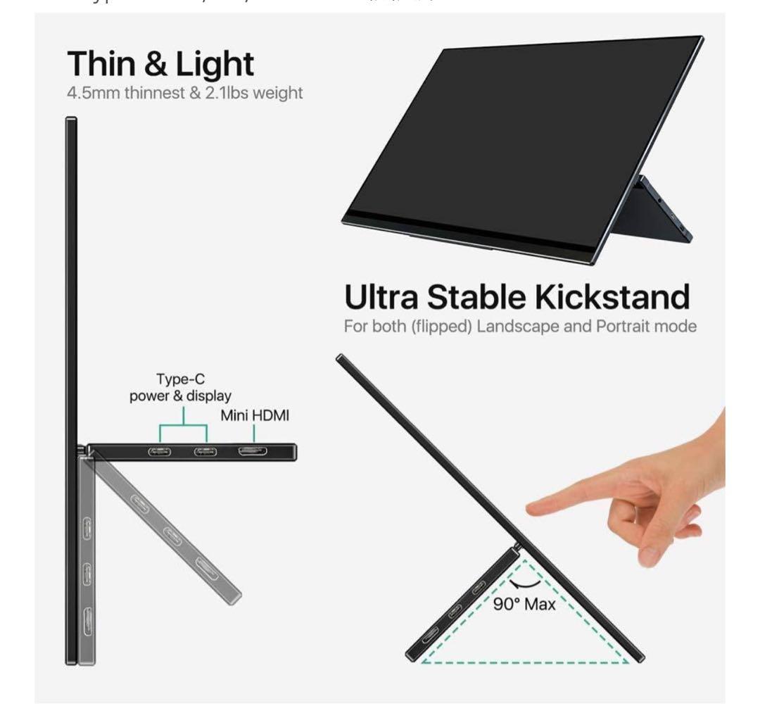 モバイルモニター4k 15.6インチ　ブラックディスプレイ スタンド付き4k