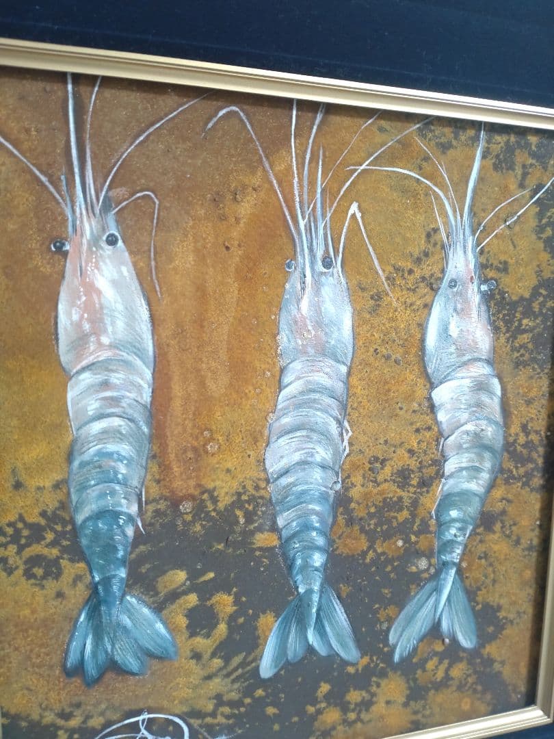 錆を使用した珍しいエビの油絵【海老の絵画】1点物の原画/作者サイン入り/額縁付属