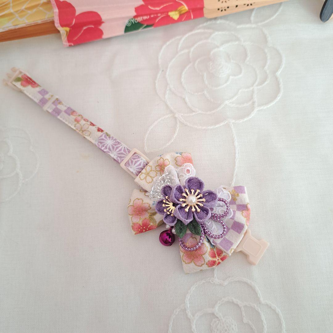 お正月、つまみ細工リボン(紫③)わんちゃん猫ちゃん用首輪