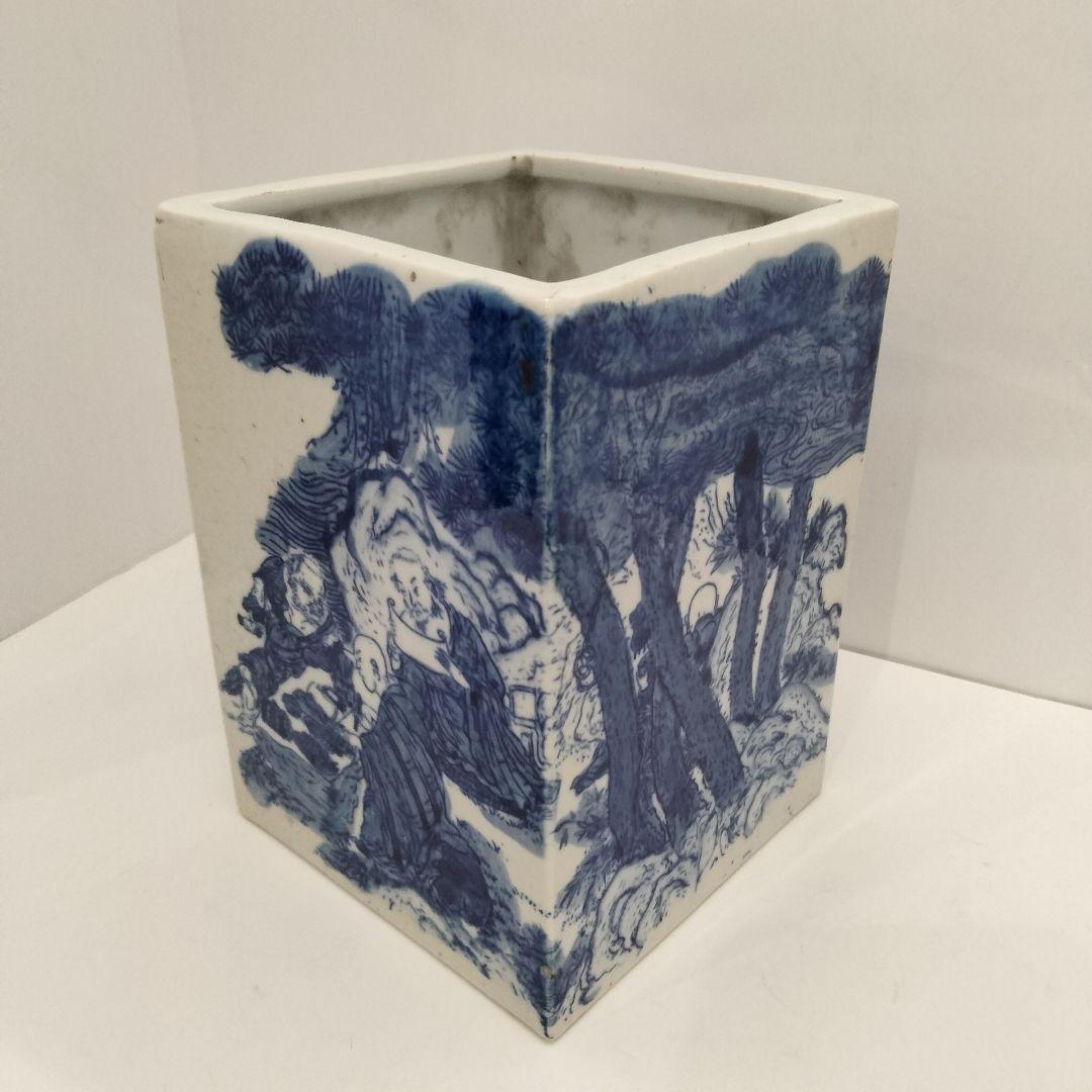 W318-2 清朝 古染付 在銘 大清康照年製 角鉢 筆筒 賢人山水図　E