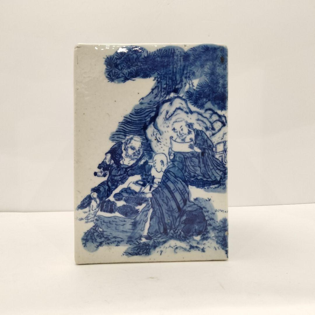 W318-2 清朝 古染付 在銘 大清康照年製 角鉢 筆筒 賢人山水図　E