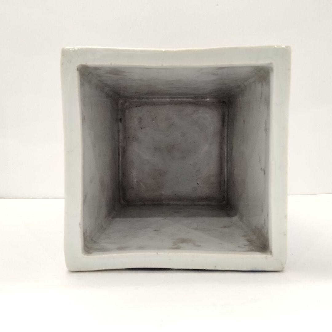 W318-2 清朝 古染付 在銘 大清康照年製 角鉢 筆筒 賢人山水図　E