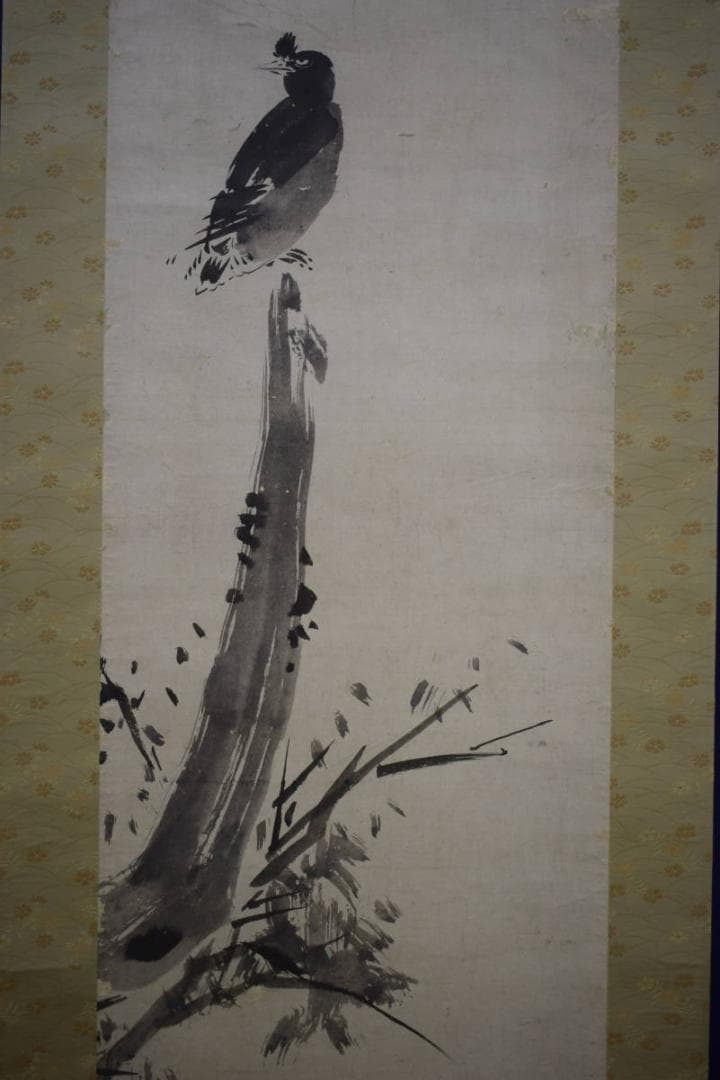 模写/雪舟等楊/叭々鳥図/小禽/花鳥/漆箱付/布袋屋掛軸HI-487