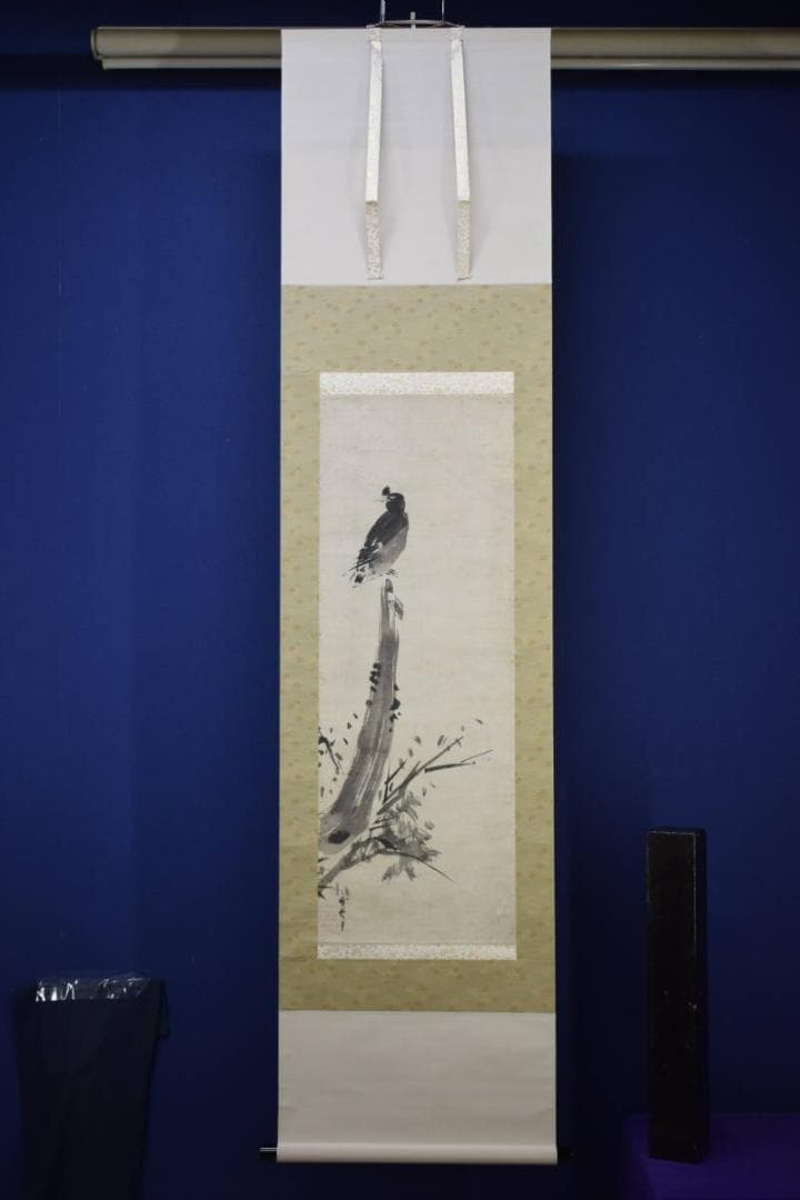 模写/雪舟等楊/叭々鳥図/小禽/花鳥/漆箱付/布袋屋掛軸HI-487